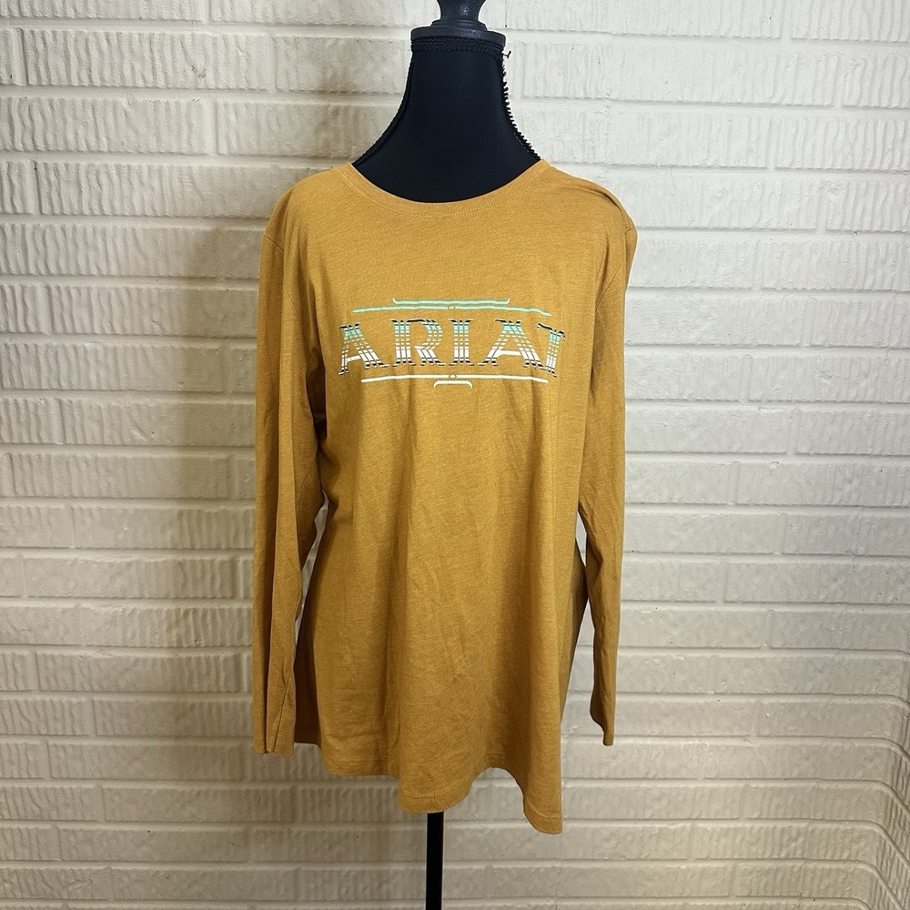 Ariat Womens Graphic Tee Sz XXL Western Long Sleeve Shirt Mustard Yellow Casual